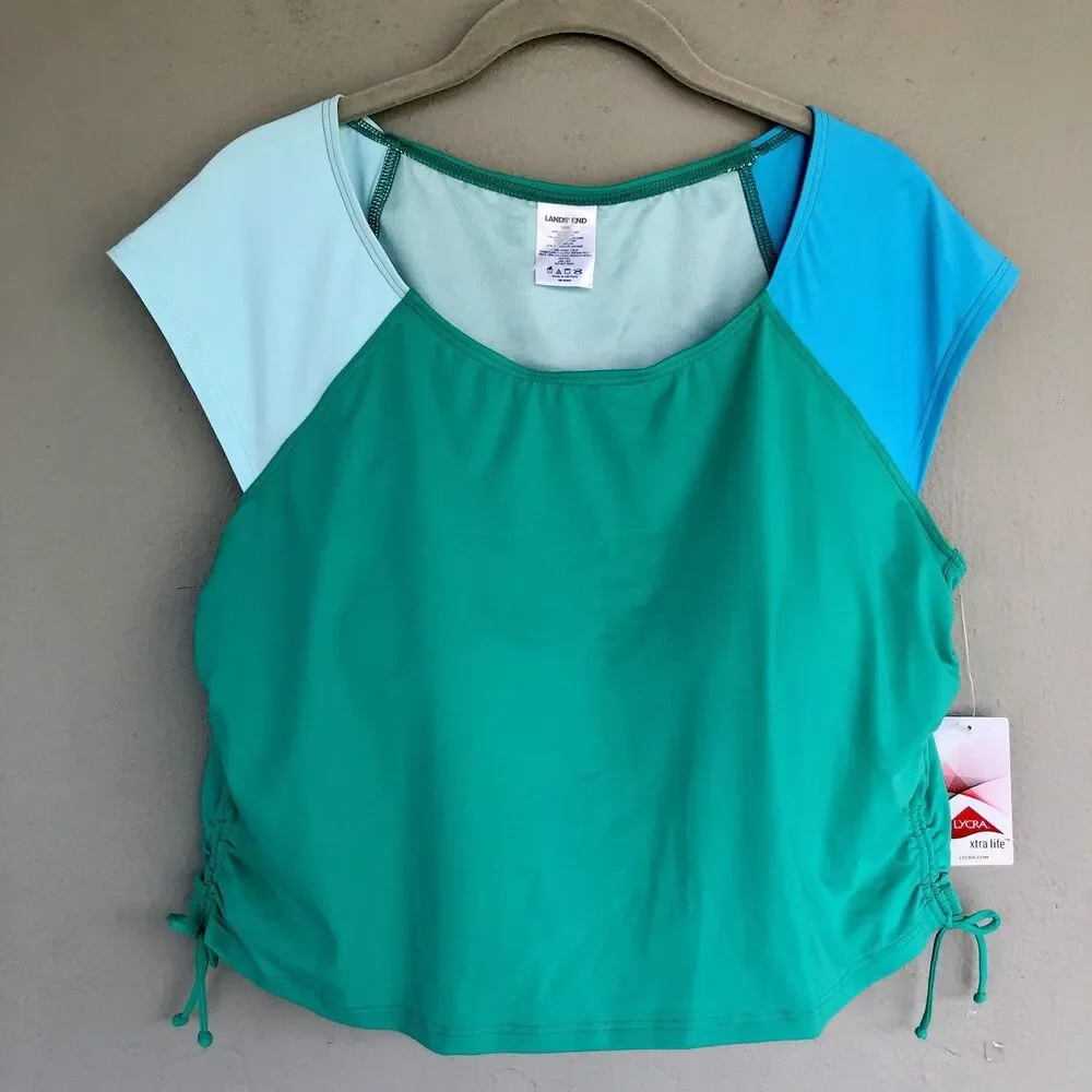 Lands End Colorblock Tankini Swim Top Womens 18W Green Blue Padded Beach Resort